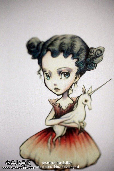 彩色女娃独角兽纹身手稿图案