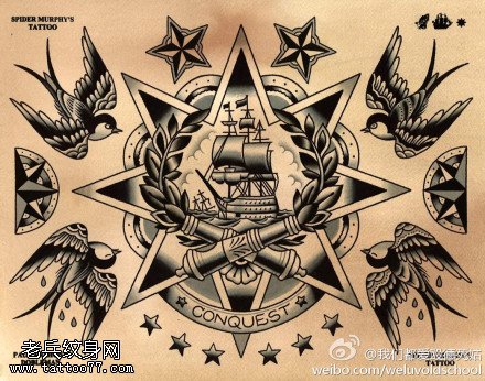 五角星帆船燕子纹身手稿图案