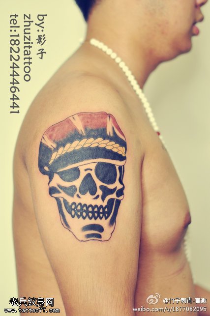 胳膊点刺鸭舌帽小骷髅纹身图案