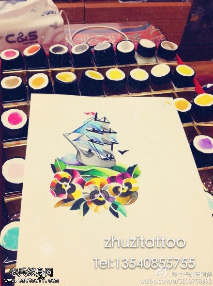 积木花轮船纹身图案