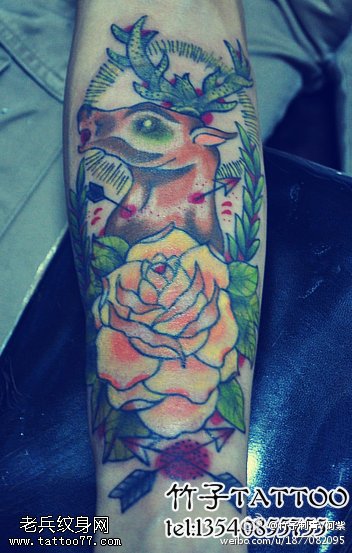 胳膊点刺受伤月季花鹿头纹身图案
