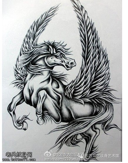 飞驰的天使骏马手稿纹身图案