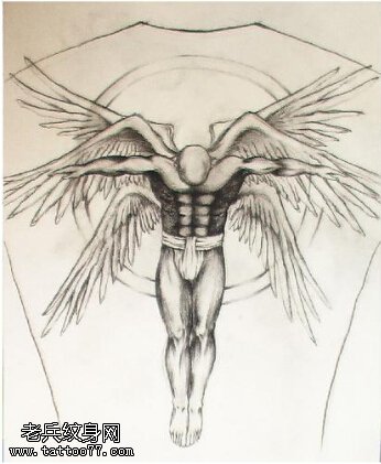 经典素描六翼天使纹身图案