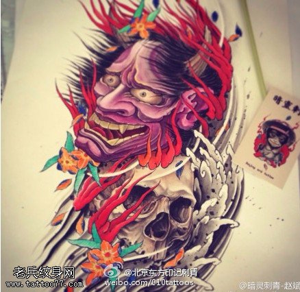 惊悚的般若骷髅纹身图案