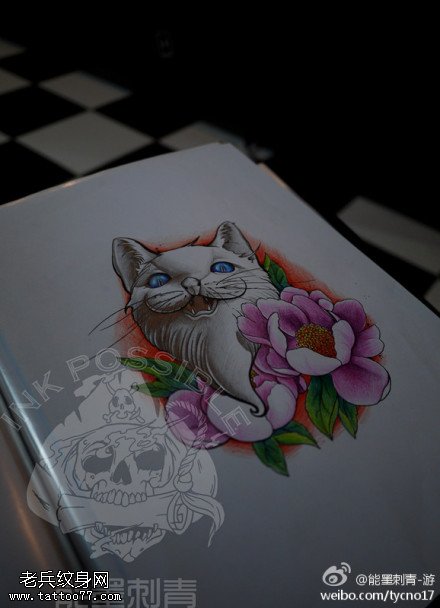 彩色猫咪牡丹纹身手稿图片