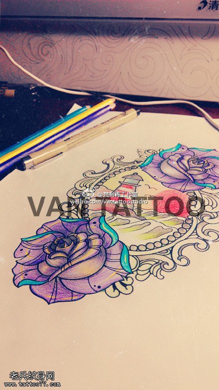 彩色镜子玫瑰花灯塔纹身手稿图片