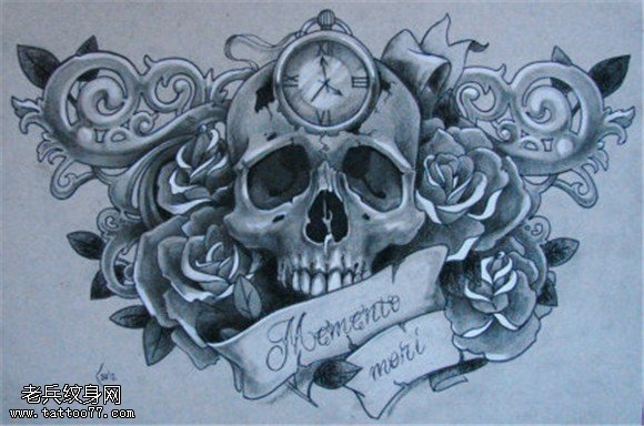 玫瑰骷髅时钟纹身手稿图片