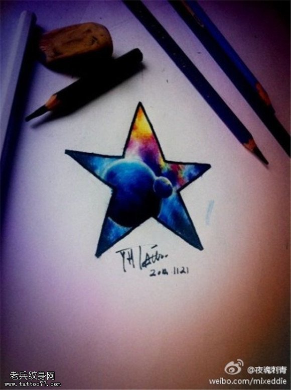 彩色星空五角星纹身图案