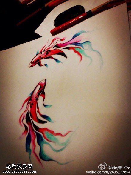 水墨彩色金鱼纹身手稿图案