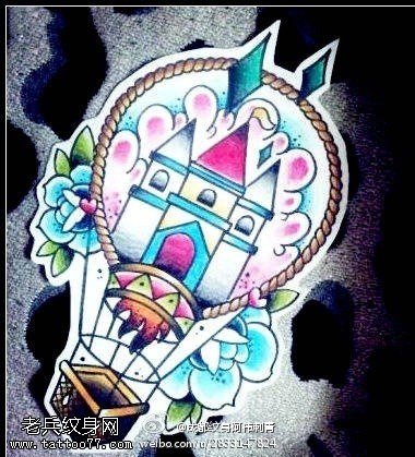 彩色玫瑰花热气球纹身图案