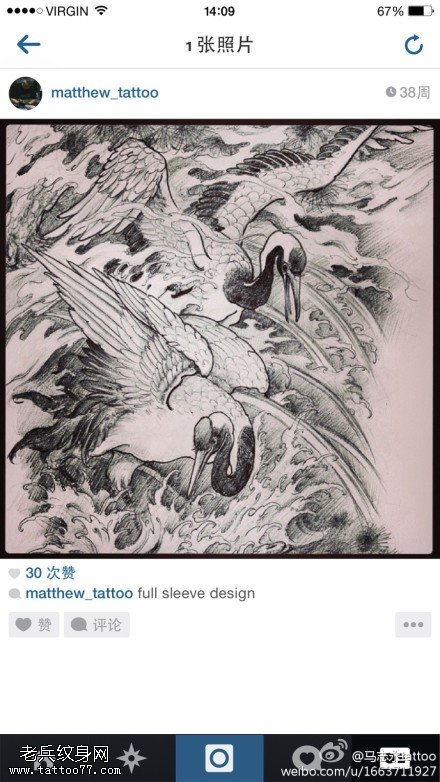 中国传统墨色仙鹤纹身图案