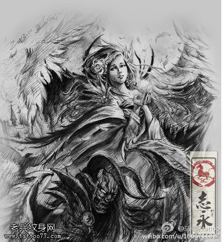 凄美狐仙羽翼展翅纹身图案