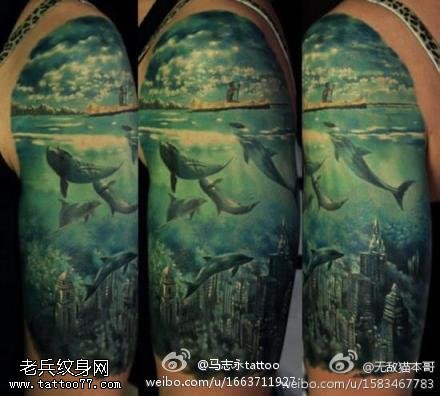 绿色深海插画鲸鱼纹身图案