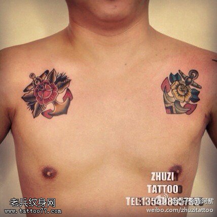 双肩点刺船锚纹身图案