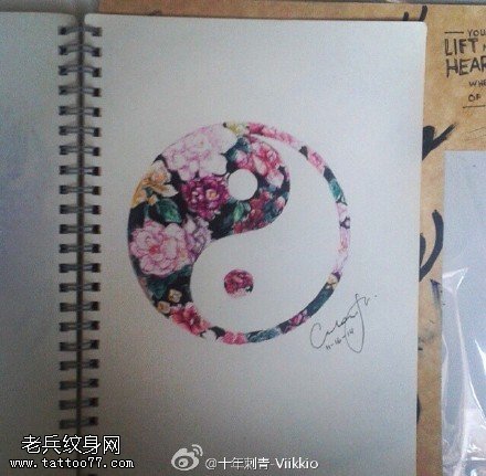 精美的牡丹八卦纹身图案