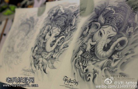 精美的象神手稿纹身图案