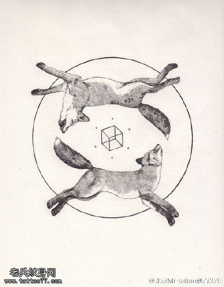 经典两只狼图腾手稿纹身图案