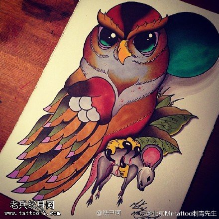经典彩绘猫头鹰纹身图案