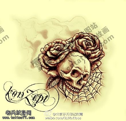 手稿玫瑰骷髅蜘蛛网纹身图案