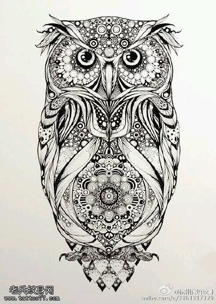 经典梵花元素猫头鹰纹身图案