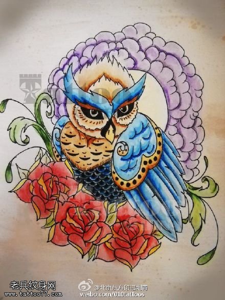 水彩猫头鹰玫瑰花纹身图案