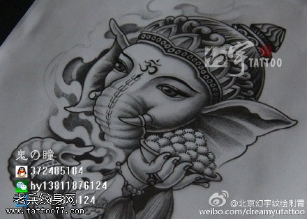 手绘传统象神纹身图案