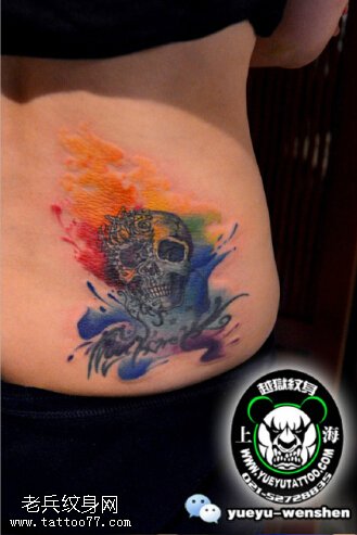 腰部水墨骷髅纹身图案