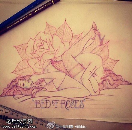 手绘美女玫瑰花纹身图案