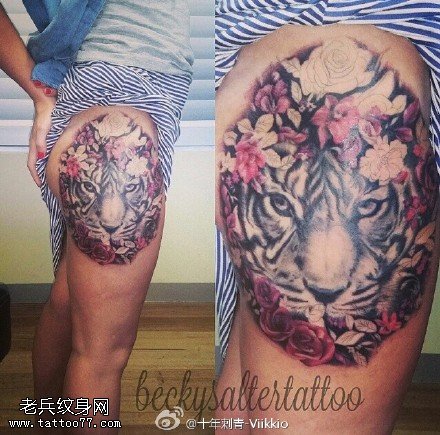 精美老虎花臀纹身图案