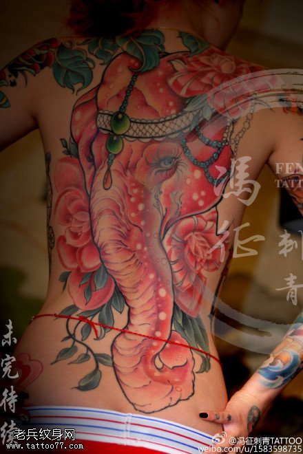 满背彩绘吉祥象神纹身图案