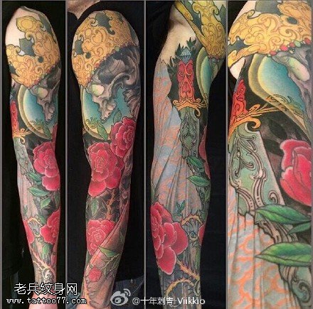 经典皇冠骷髅大花臂纹身图案