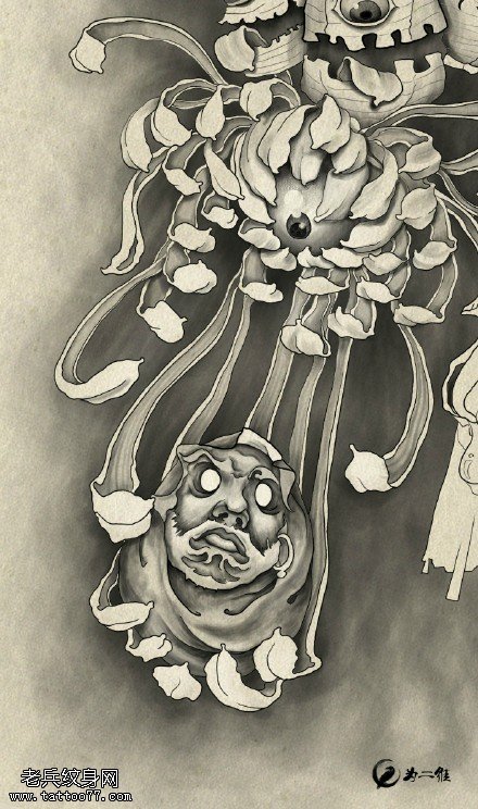 手绘菊花骷髅纹身图案