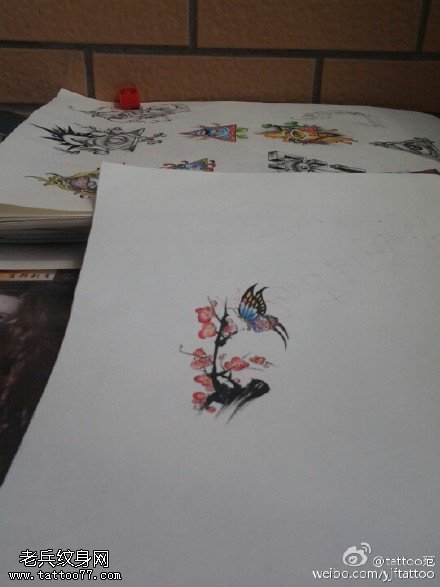 漂亮的梅花蝴蝶手稿纹身图案