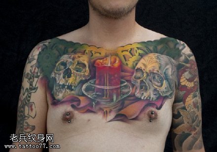 水墨彩色蜡烛与骷髅纹身图案