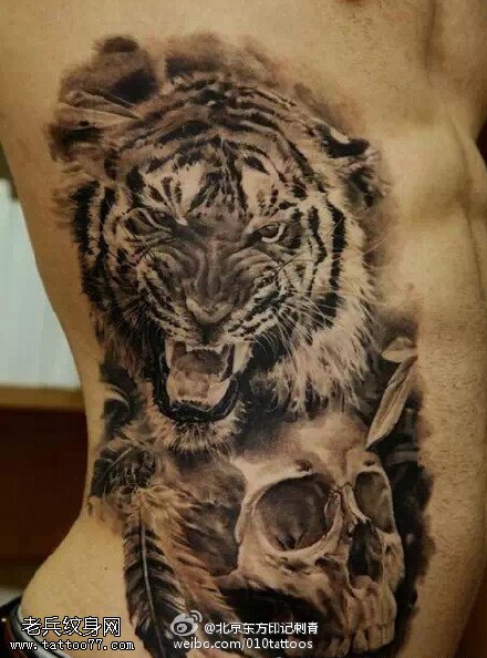 凶猛的老虎骷髅纹身图案