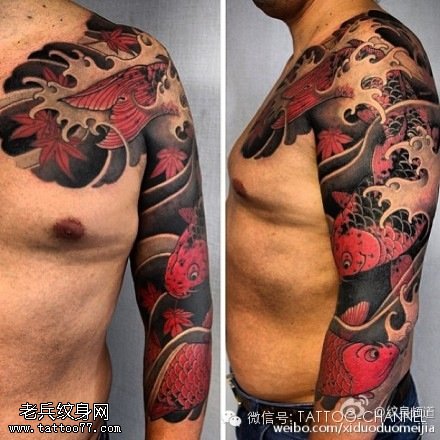 日式传统鲤鱼花臂纹身图案啦