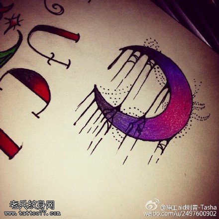 彩色月亮纹身手稿图案