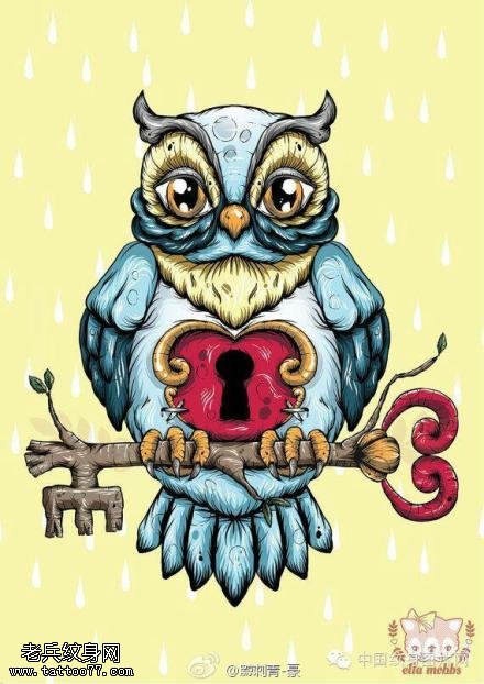彩色个性猫头鹰钥匙锁纹身