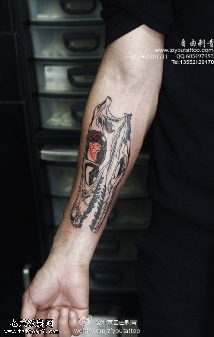 胳膊狼头骨骷髅纹身图案