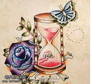 蓝色妖姬彩色沙漏骷髅纹身图案