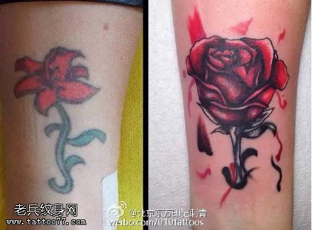 小腿遮旧血红玫瑰花纹身图案
