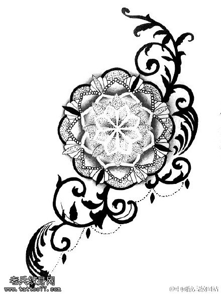 复古风水墨牡丹花几何线纹身图案