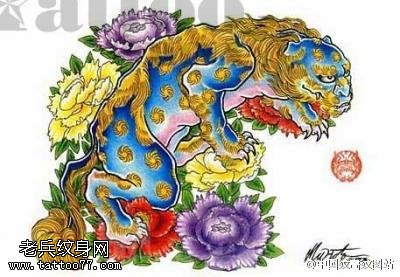 彩绘精美牡丹唐狮纹身图案
