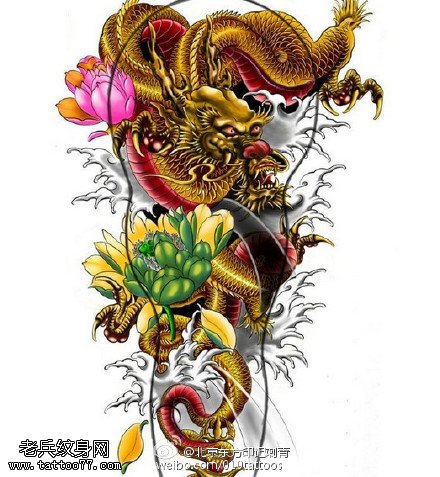 经典彩绘麒麟莲花纹身图案