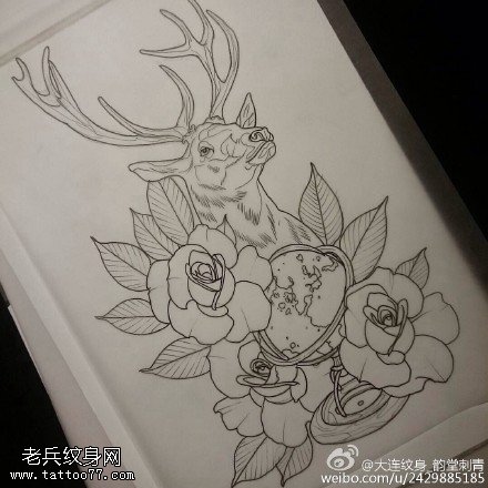 手绘鹿玫瑰地球仪纹身图案