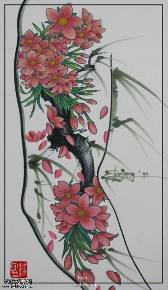 一款梅花花臂纹身图案