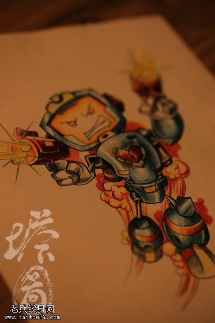 彩色个性机器人纹身手稿图案