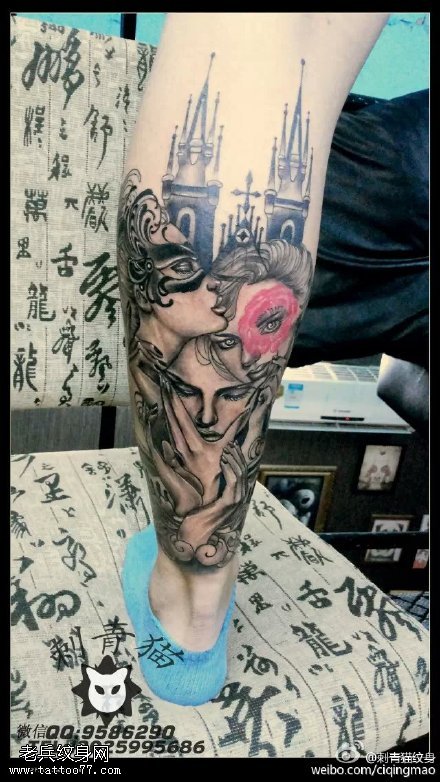 腿部个性欧美教堂女郎纹身图案