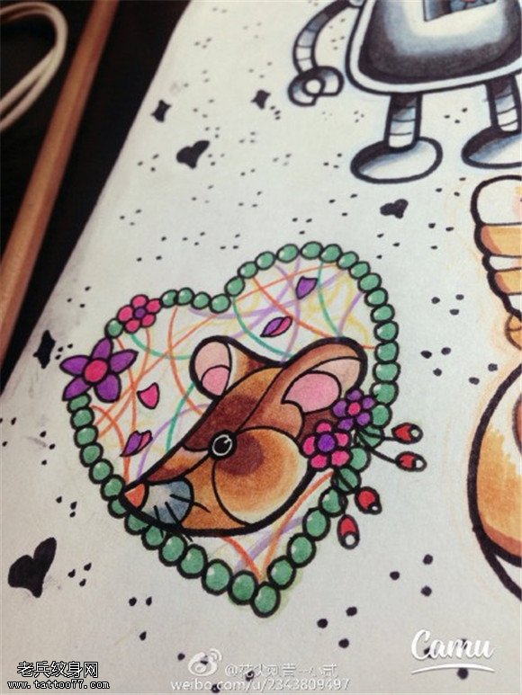 爱心卡通老鼠纹身手稿图案