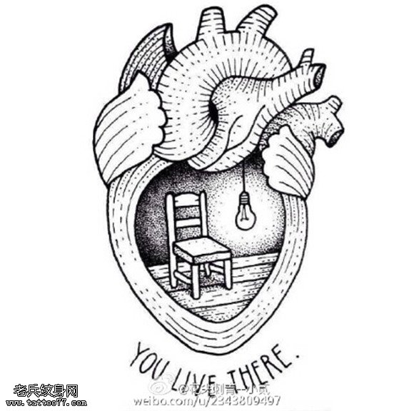 黑灰心脏纹身手稿图案